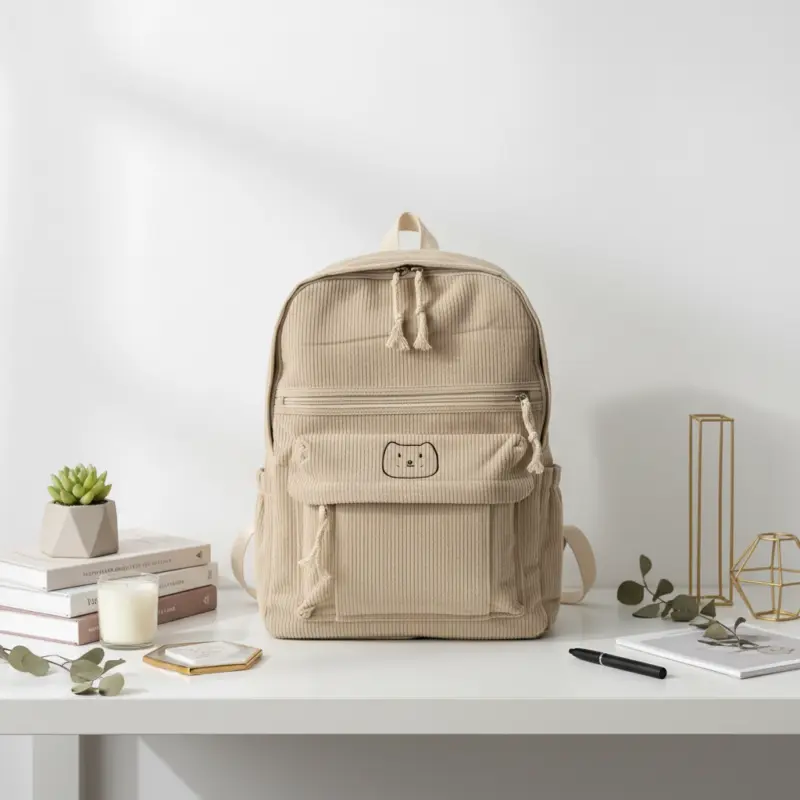 TORTKART Stylish White Textured Backpack worn by a woman in a yellow sweater, walking on a sunny urban city sidewalk. Bubble/crinkle effect daypack perfect for college, commuting, or street style fashion.