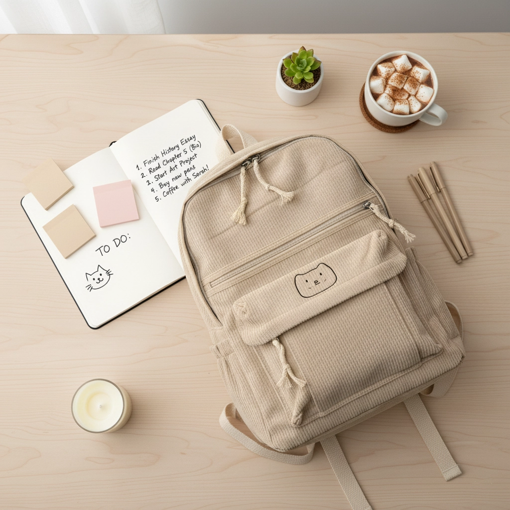 TORTKART Beige/Cream Corduroy Backpack. Soft aesthetic school or college bag with wide vertical ribs, long rope zipper pulls, and a cute embroidered cat/bear face patch.