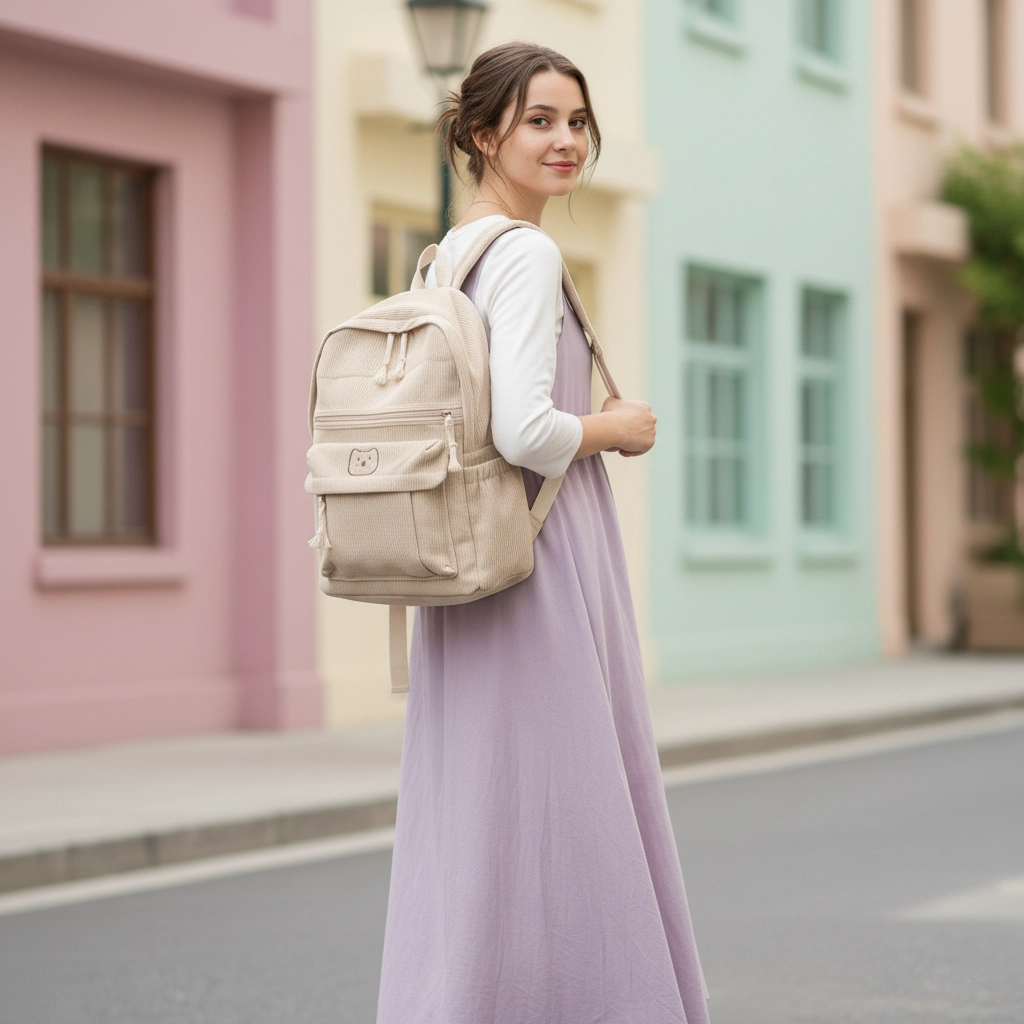 TORTKART Beige Corduroy Backpack on a wooden desk next to a notebook with a "To Do" list. Soft aesthetic school bag for college students with a cute embroidered cat/bear patch.