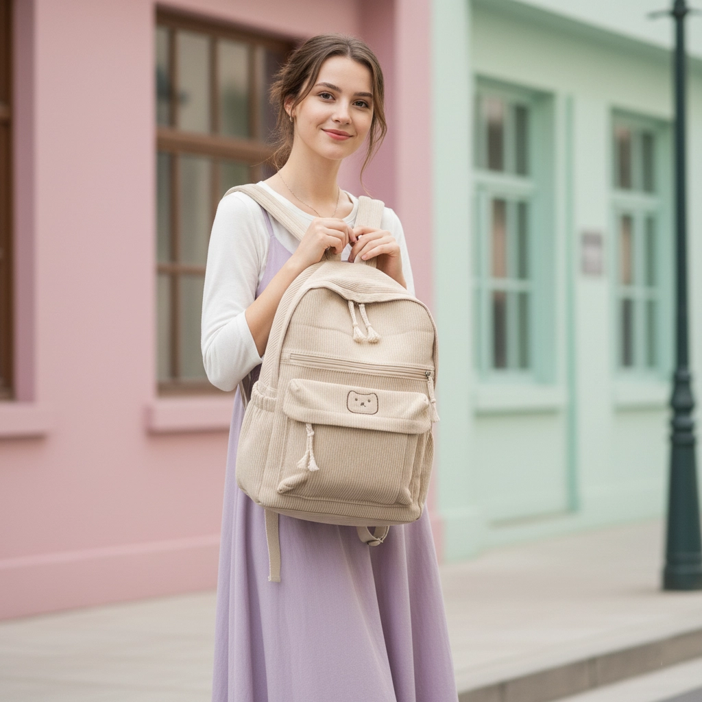 TORTKART Beige Corduroy Backpack worn by a woman in a lilac dress in front of pastel-colored city buildings. Soft aesthetic daypack for casual fashion, students, or light travel.