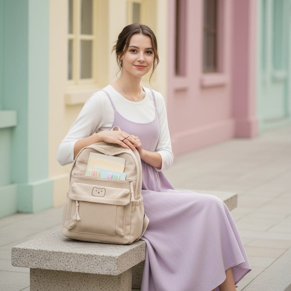 TORTKART Beige Corduroy Backpack worn by a woman sitting on an urban bench, showcasing notebooks and papers in the front pocket. Soft aesthetic student daypack for school, college, and casual travel.