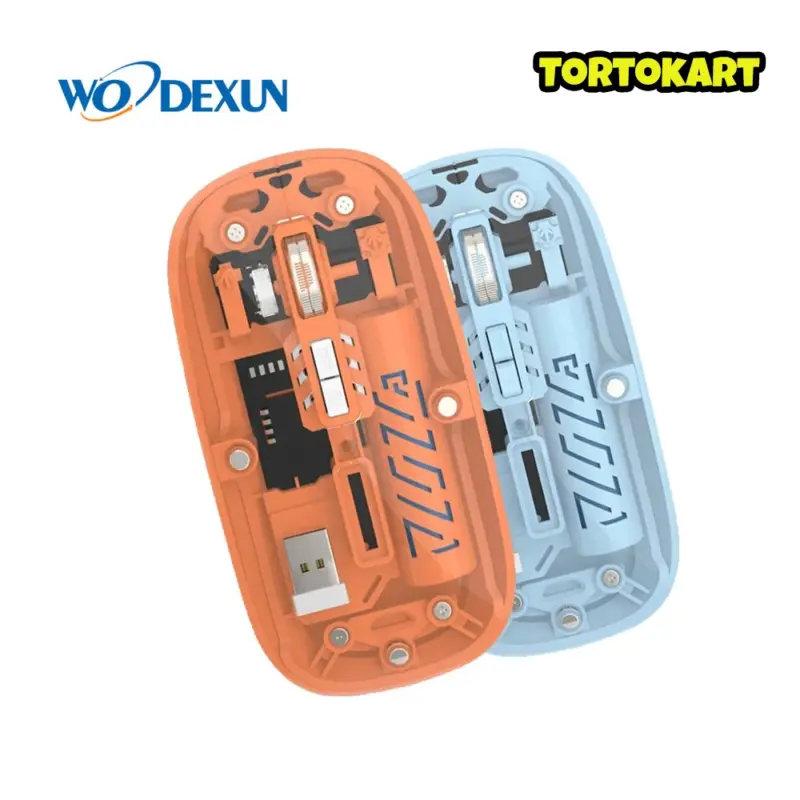 Alt Text: TORTKART Transparent Wireless Mouse Dual Mode (2.4G & BT) with RGB light, 500mAh rechargeable Type-C battery, and noiseless click for Laptop PC Mac.