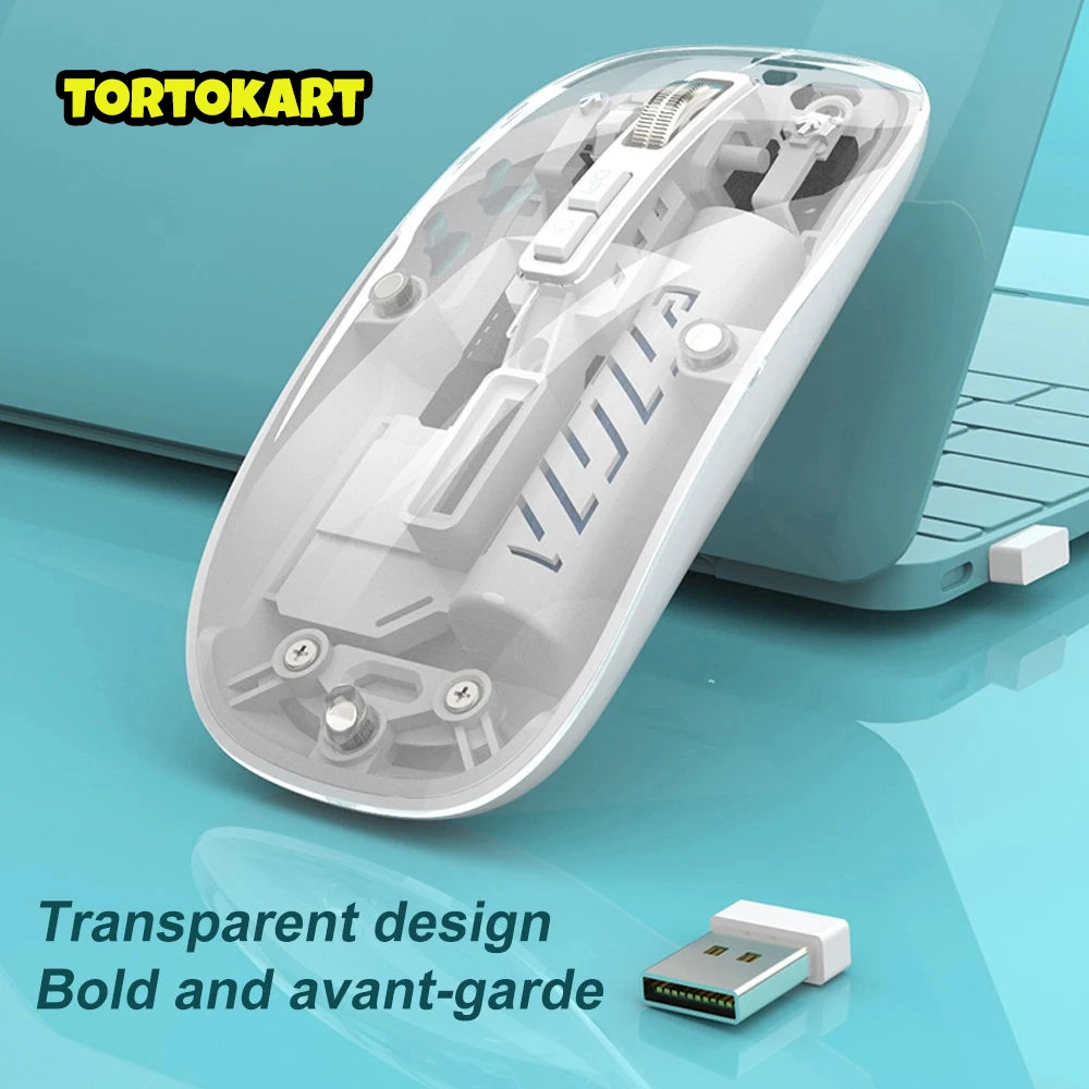 Alt Text: TORTKART Transparent Wireless Mouse with USB Receiver and bold, avant-garde design. Rechargeable Dual Mode 2.4G/BT mouse for Laptop, PC, and Mac.
