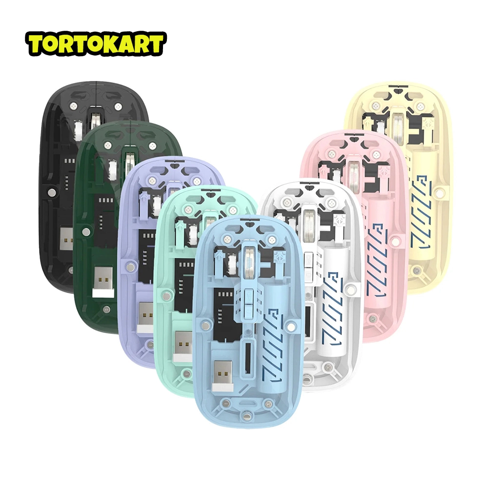 TORTKART Dual Mode Transparent Wireless Mouse collection shown in six colors (Black, Green, Purple, Mint, Pink, Yellow). 2.4G BT rechargeable noiseless mouse for computers.