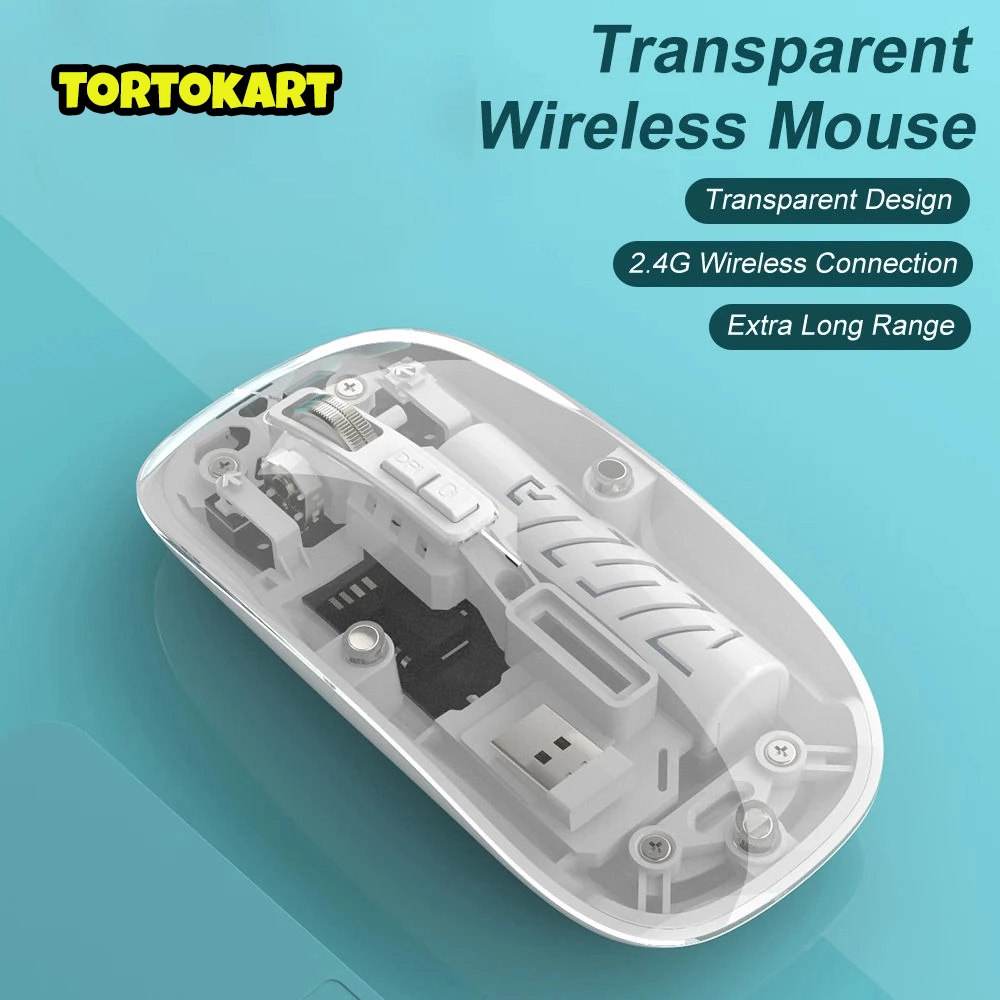 TORTKART Transparent Wireless Mouse with 2.4G Wireless Connection and Extra Long Range. Dual Mode BT rechargeable silent computer mouse for PC Mac.