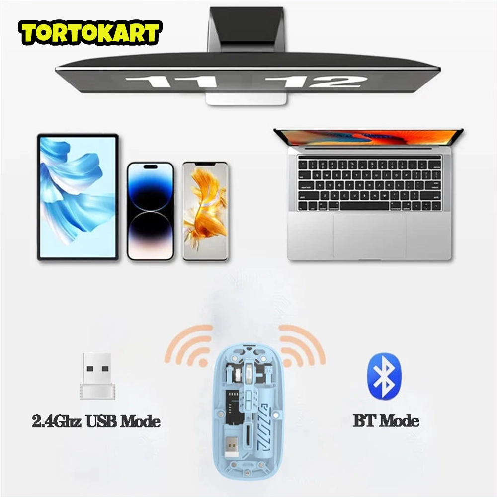 TORTKART Transparent Wireless Mouse Dual Mode 2.4G BT, rechargeable Type-C silent click mouse with 3rd Gear DPI for Laptop PC Mac.