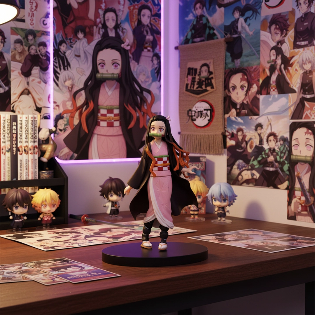 Full-body action figure of Nezuko Kamado from Demon Slayer, with pink kimono and bamboo muzzle, in a collector display.