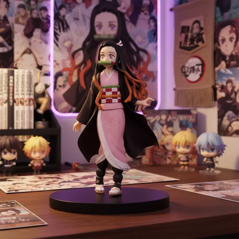 Action figure of Nezuko Kamado from Demon Slayer, wearing her pink kimono and bamboo muzzle.