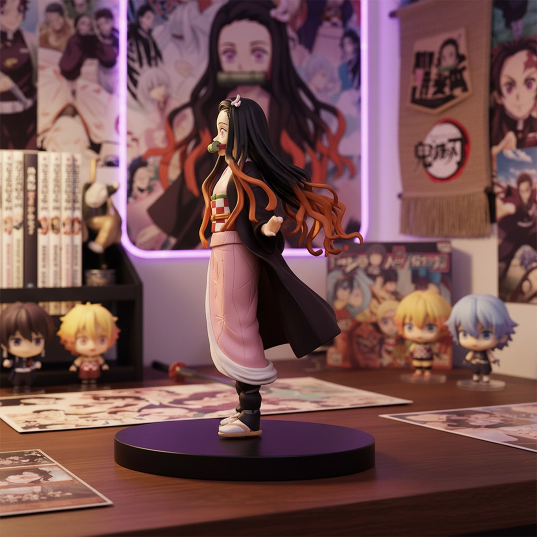 Profile view of the Nezuko Kamado Demon Slayer action figure with long flowing hair.