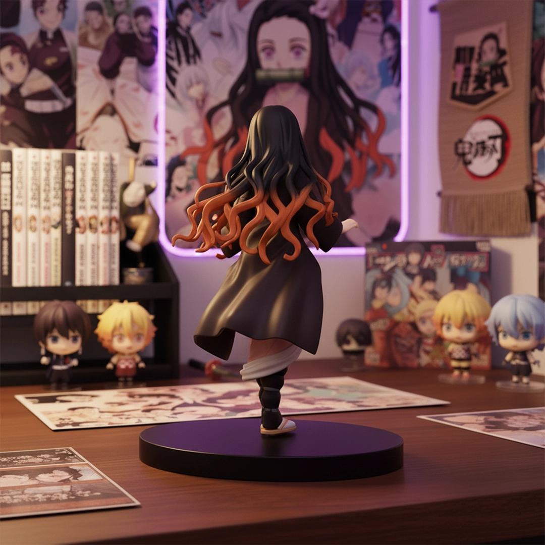 Back view of the Nezuko Kamado Demon Slayer figure, highlighting her long hair and brown haori.
