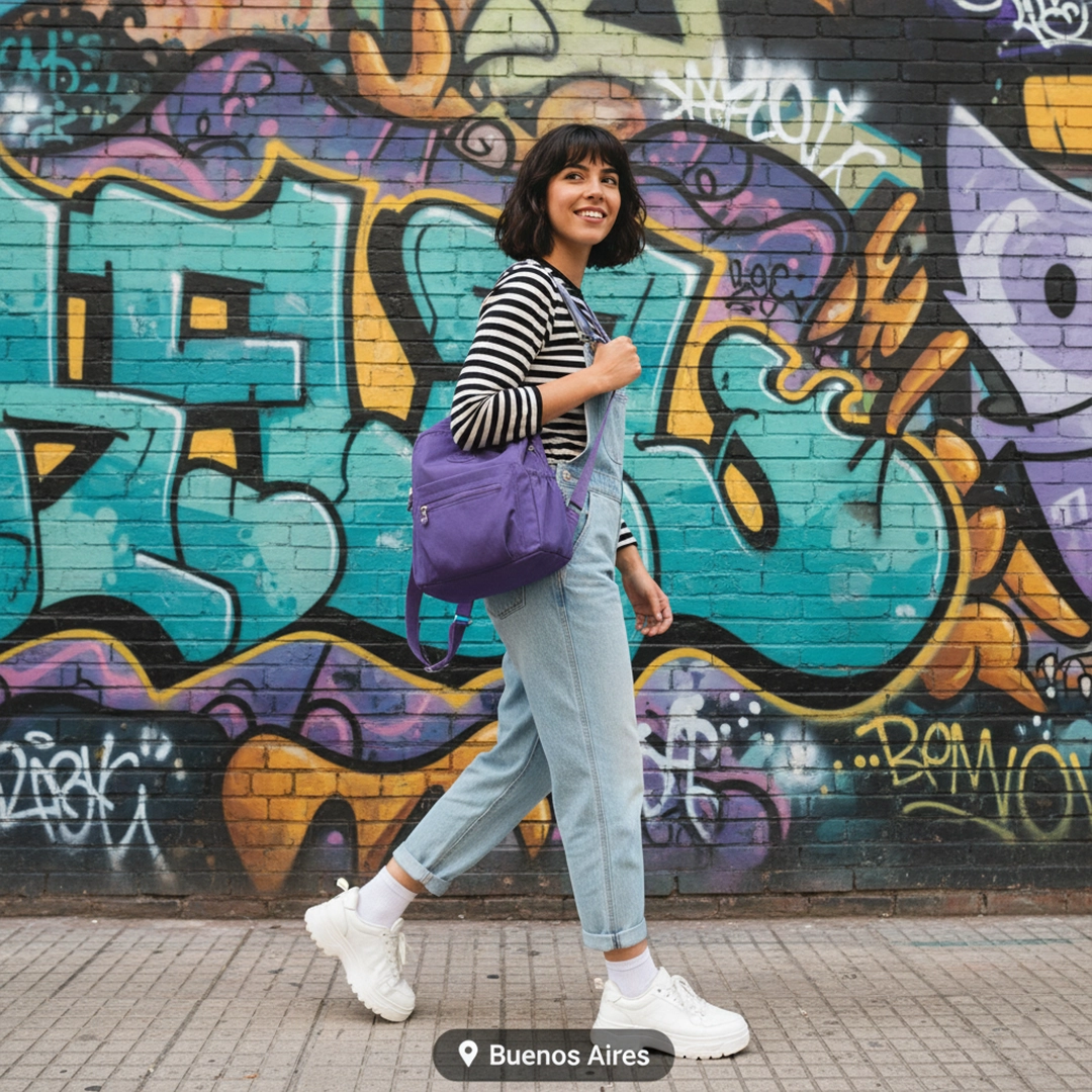 Young woman walking in Buenos Aires wearing a purple mini backpack, striped shirt, and denim overalls in front of a colorful graffiti wall