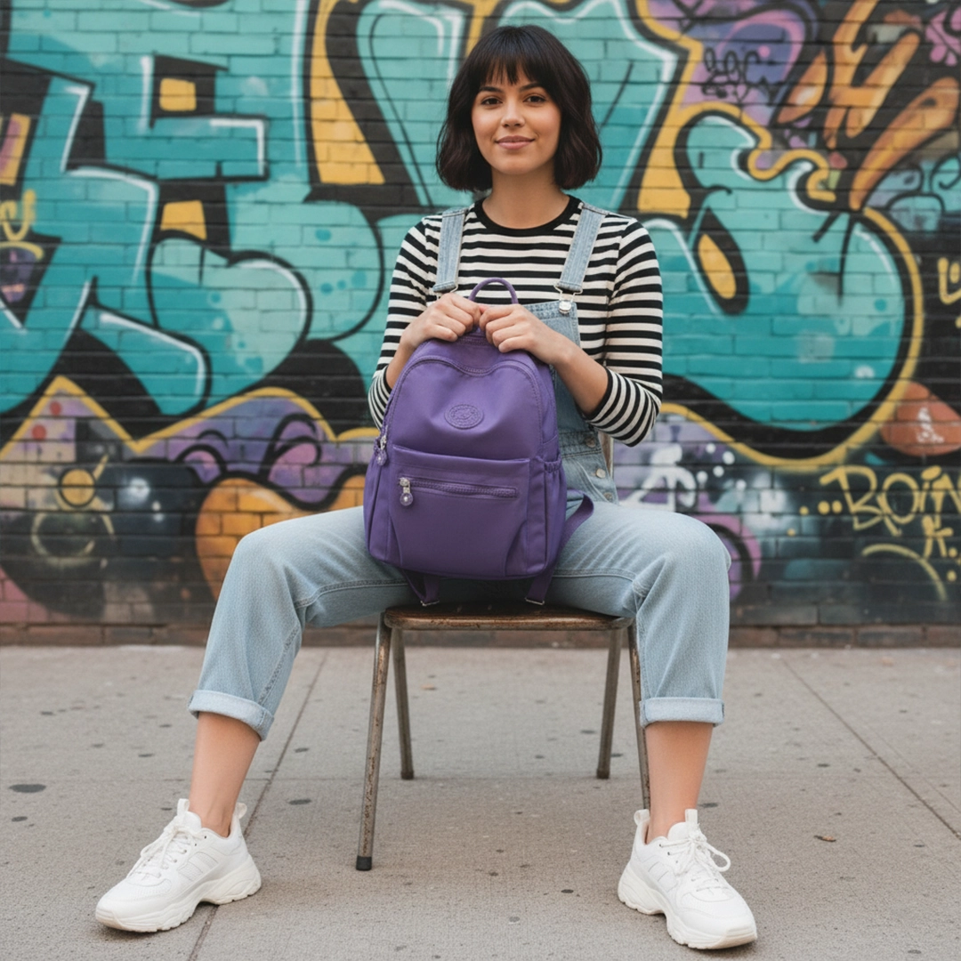 Young woman sitting on a chair, holding a purple nylon mini backpack on her lap, against a graffiti wall backdrop