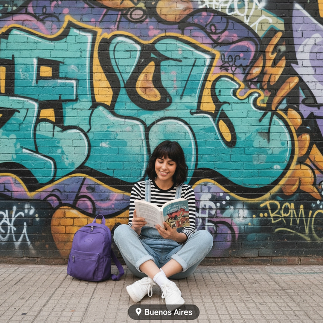 Young woman sitting cross-legged on the pavement and reading a book, with a purple mini backpack next to her on the street in Buenos Aires