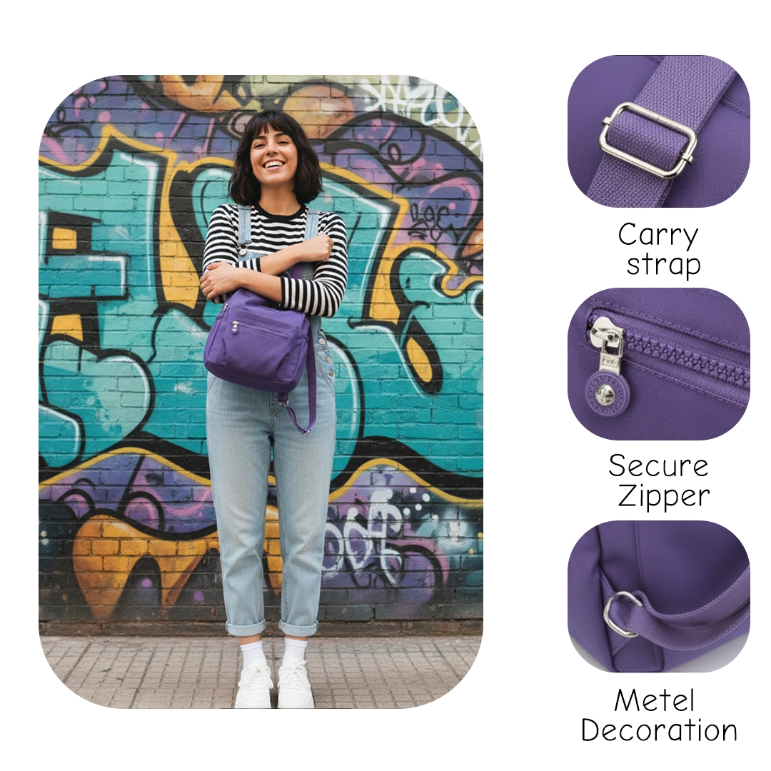 Young woman wearing a striped shirt and overalls, carrying a purple nylon crossbody bag over her shoulder, with close-up inserts of the carry strap, secure zipper, and metal decoration