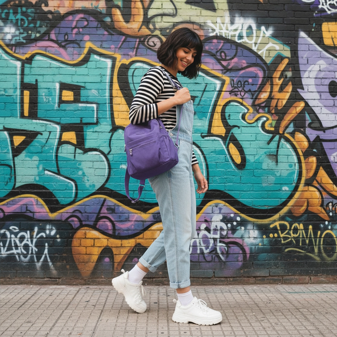 Young woman wearing light wash overalls and a striped shirt, walking and carrying a purple nylon mini backpack over her shoulder