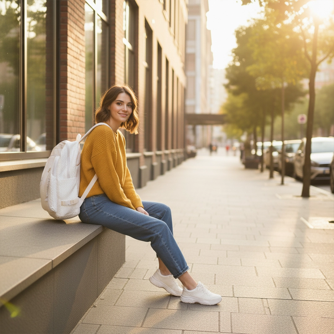 TORTKART White Textured Backpack. Stylish white bubble/crinkle texture daypack for women with multiple zippered pockets, white buckles, and a decorative charm. Perfect for fashion, school, or travel.