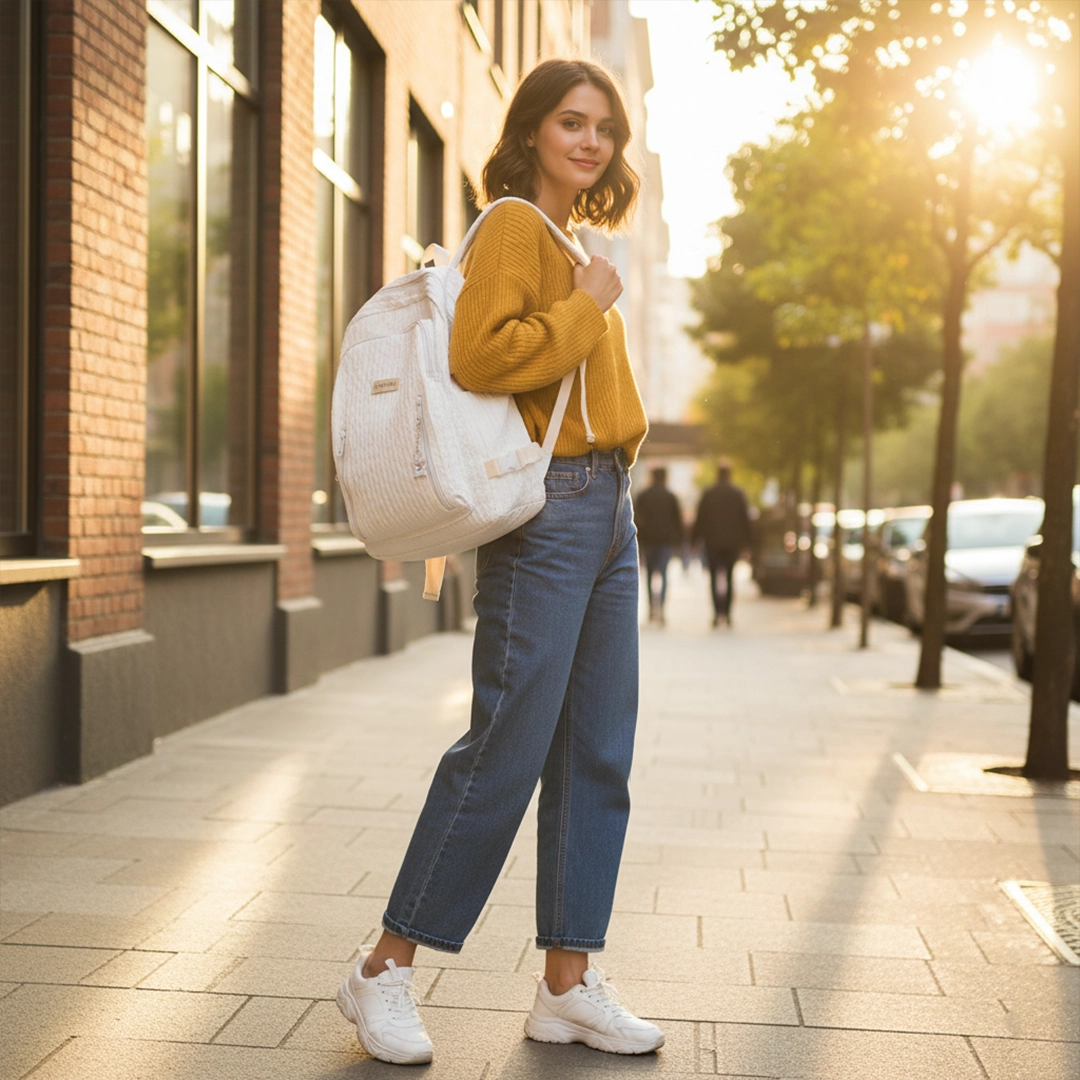 TORTKART Stylish White and Coral Two-Tone Backpack worn by a man commuting in an urban setting. Color-block daypack perfect for college, school, or travel with yellow zipper pulls.