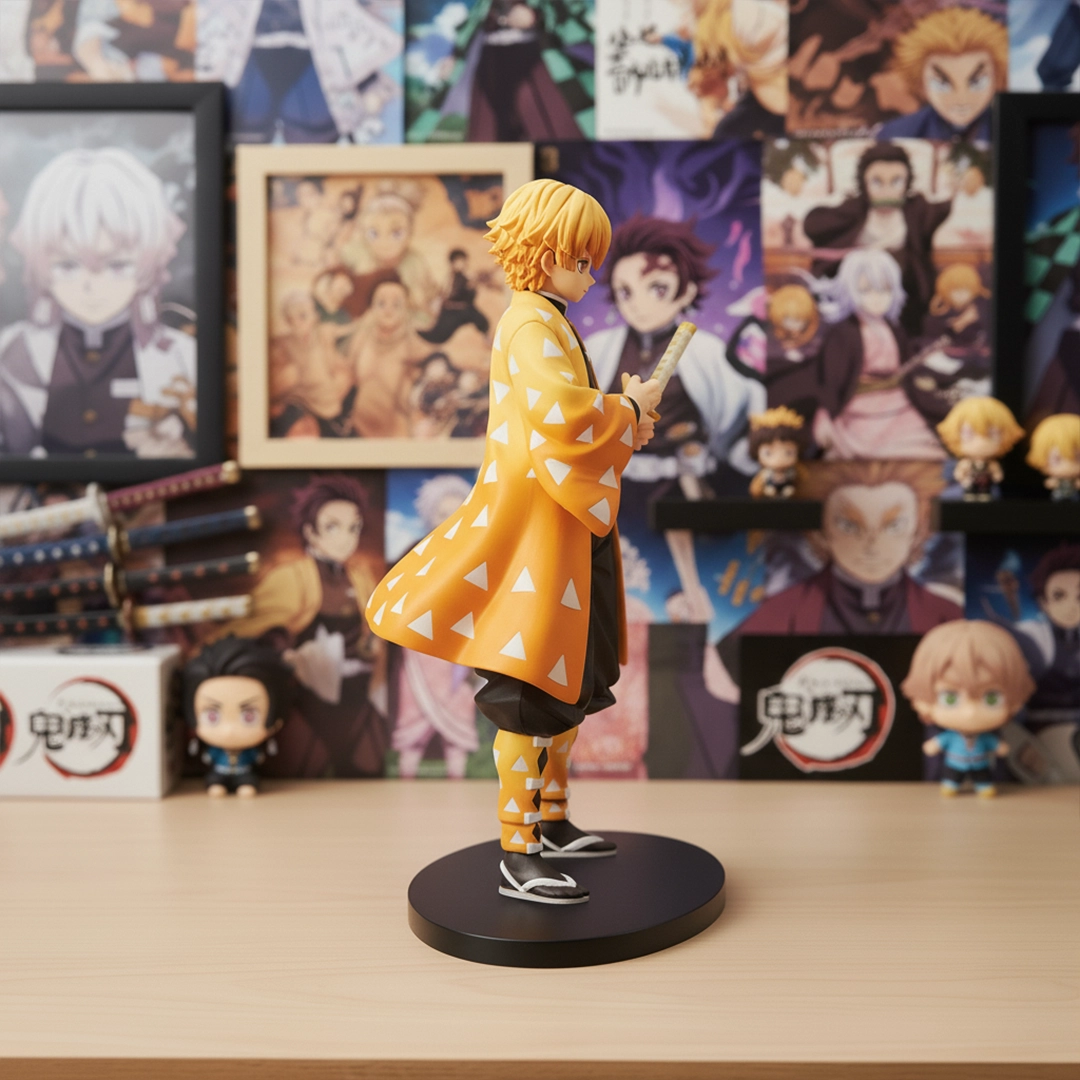 Profile view of the Zenitsu Agatsuma Demon Slayer action figure holding his sword.