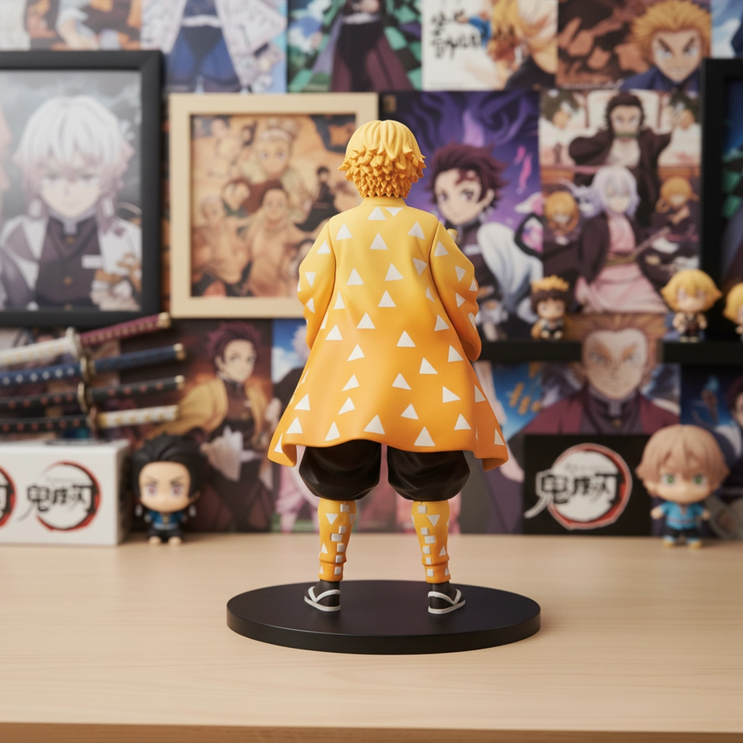 Back view of the Zenitsu Agatsuma action figure, showcasing his yellow and white patterned haori.