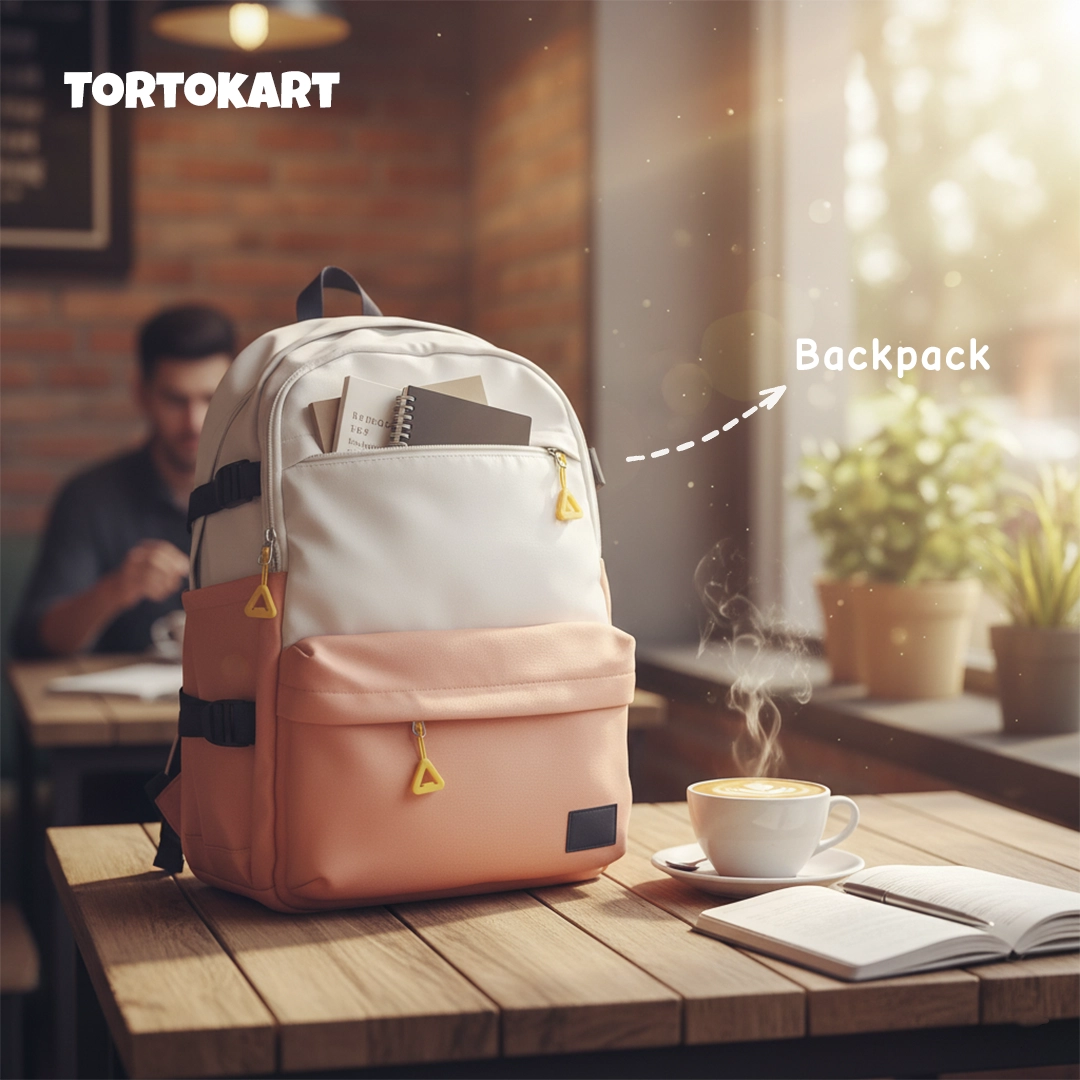 Stylish two-toned backpack in white and coral/peach with yellow zippers. Modern, lightweight school or travel bag for women and students.