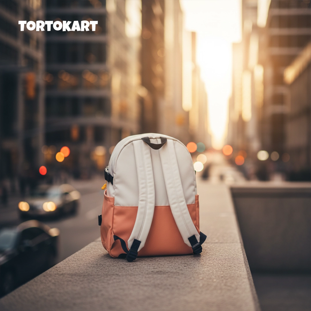 TORTKART Two-Toned Backpack in white and coral/peach with yellow zipper accents. Stylish lightweight daypack for urban travel or school.