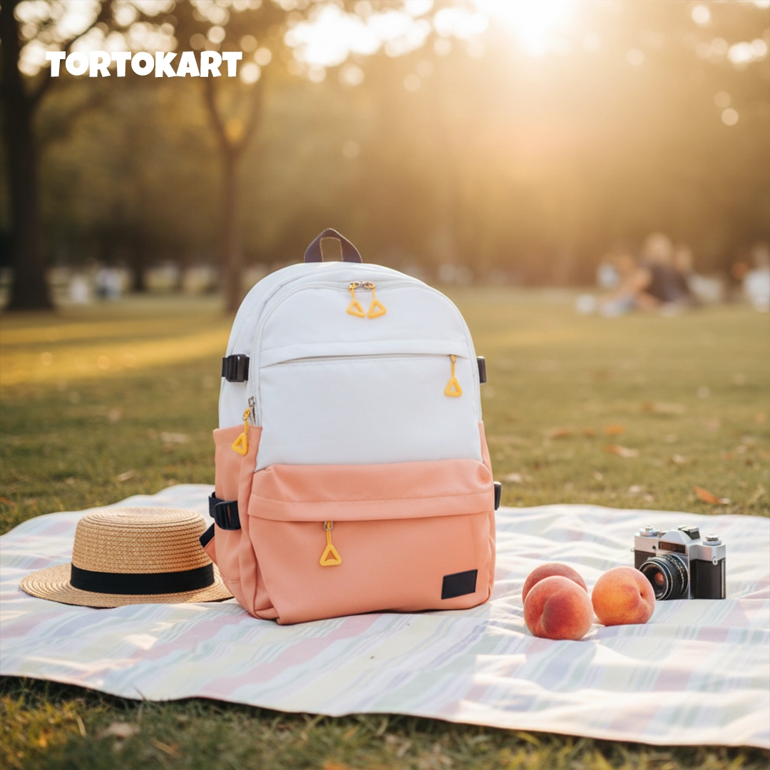 TORTKART Two-Toned Backpack in White and Coral/Peach. Stylish lightweight bag with yellow zipper accents for school, campus, or picnic travel.