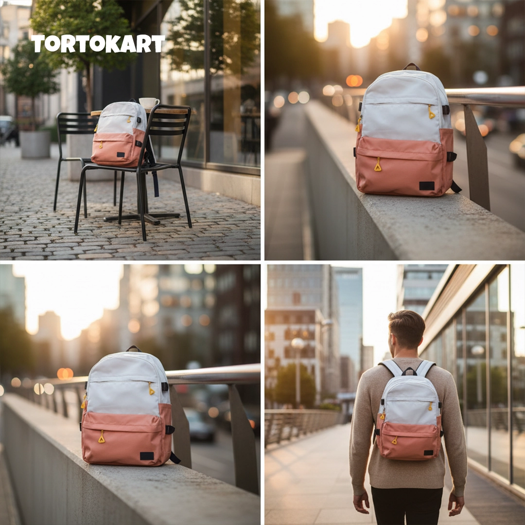 TORTKART Two-Toned Backpack in White and Coral/Peach. Stylish, lightweight urban daypack with yellow zipper accents perfect for students, commuting, and travel.