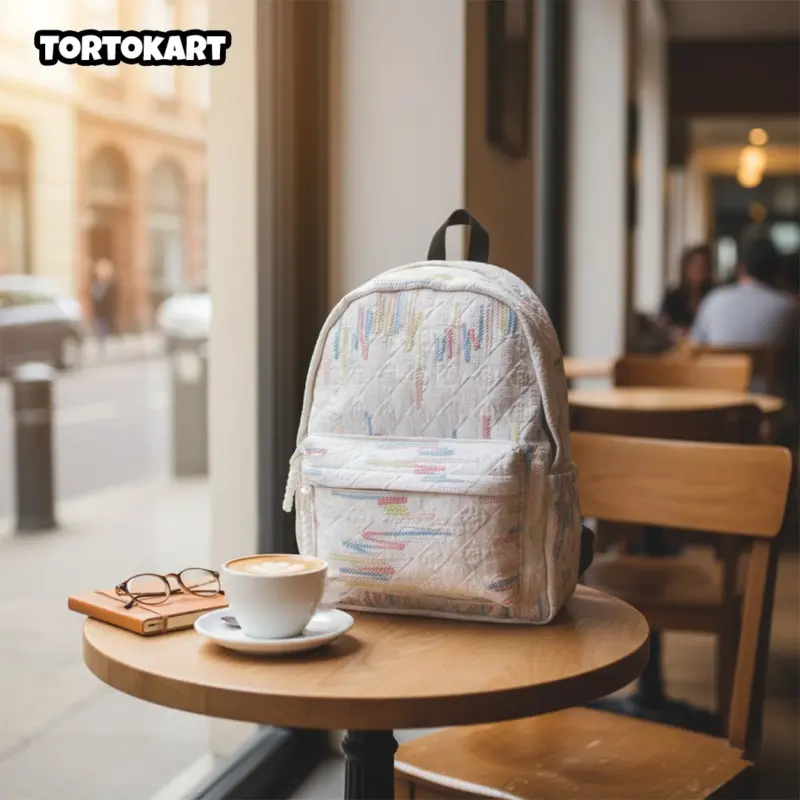 quilted white backpack with colorful stitched pattern on a wooden table in a coffee shop next to a cup of latte and glasses