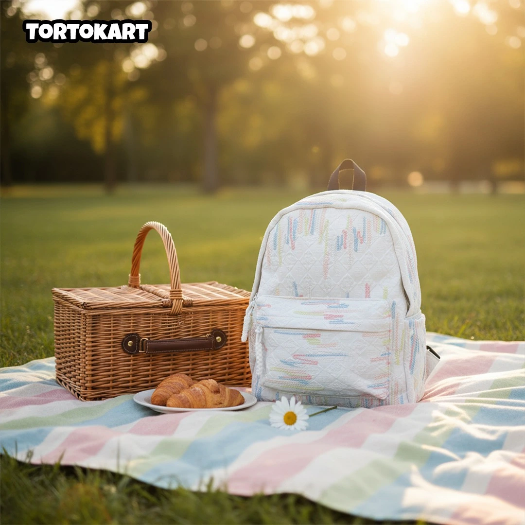 quilted white backpack with colorful pattern next to a wicker picnic basket on a striped blanket in a sunny park setting