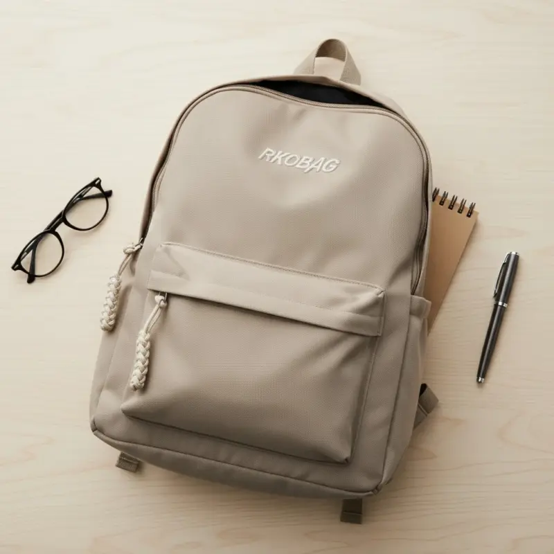 RKO BAG Beige Minimalist Backpack with front pocket and braided zipper pulls, shown with glasses, notebook, and pen on a wooden desk.