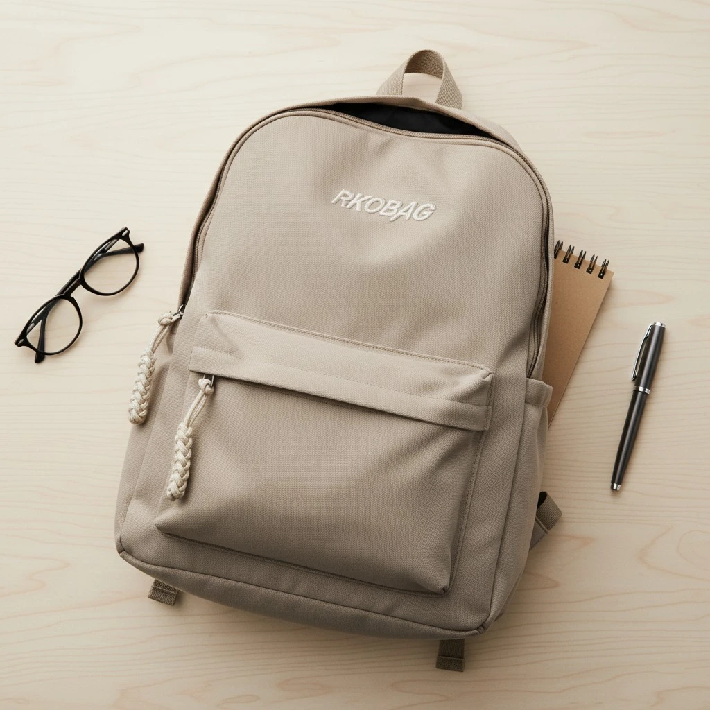 RKO BAG Beige Minimalist Backpack with front pocket and braided zipper pulls, shown with glasses, notebook, and pen on a wooden desk.
