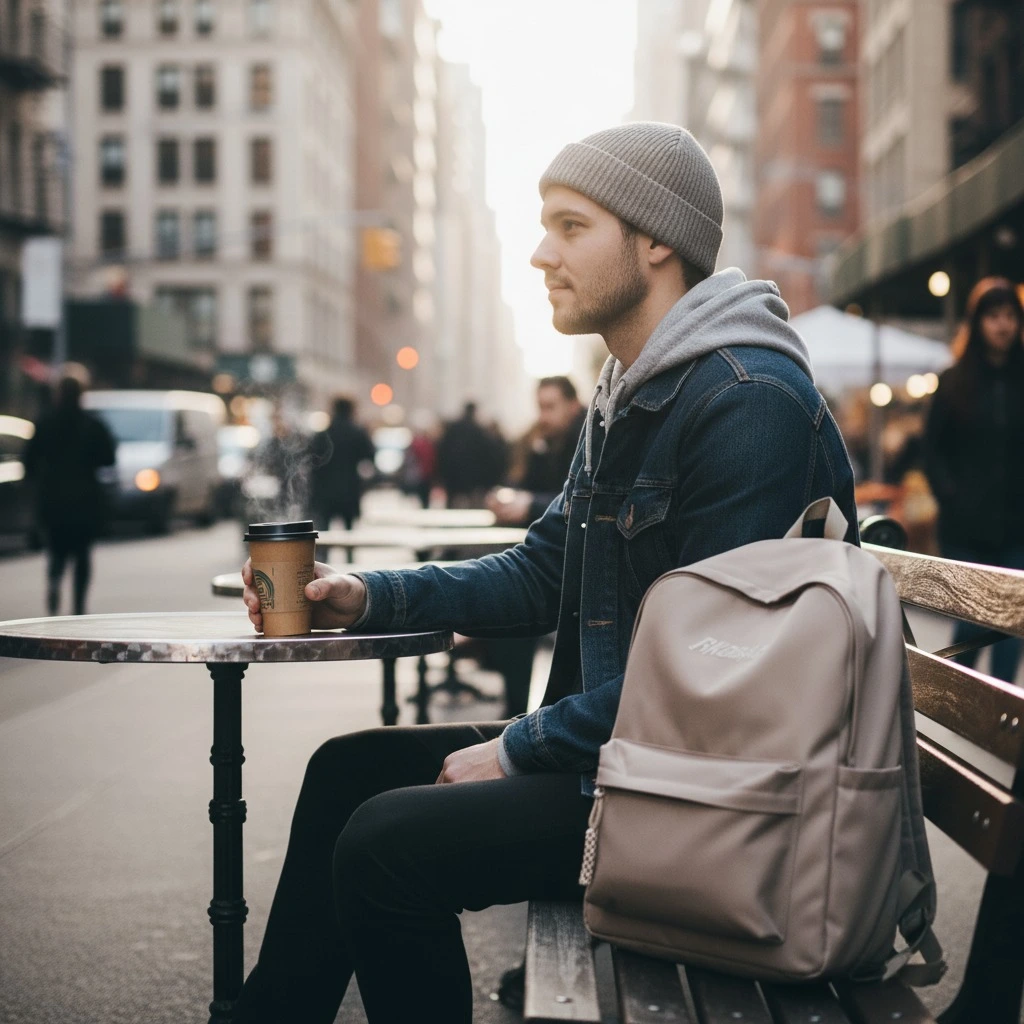 Young man in a denim jacket and gray beanie sitting at an outdoor city cafe table, holding a coffee, with the RKO BAG beige minimalist backpack resting beside him on the bench.