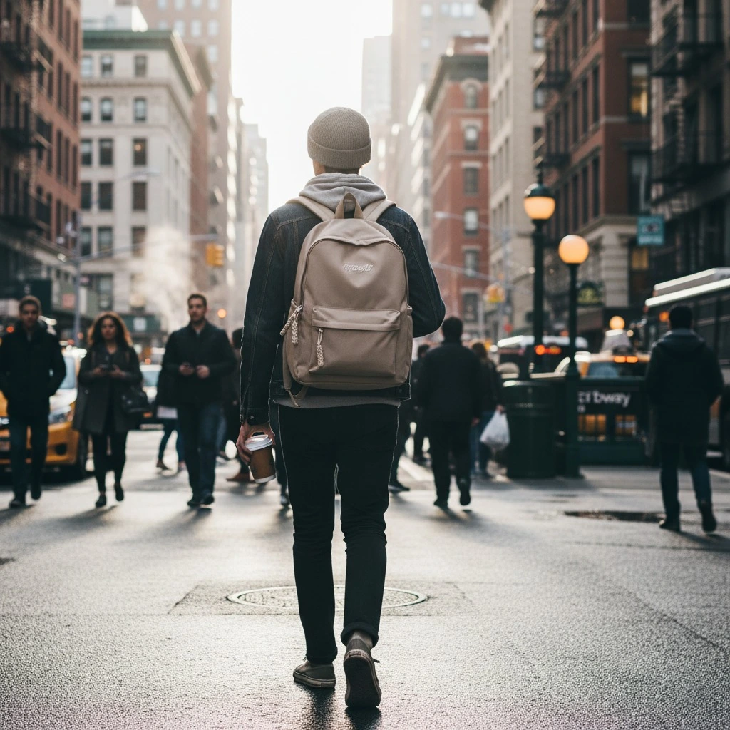 Rear view of a person wearing a light beige RKO BAG minimalist backpack while walking down a busy, sunny city street with tall buildings and holding a coffee cup.