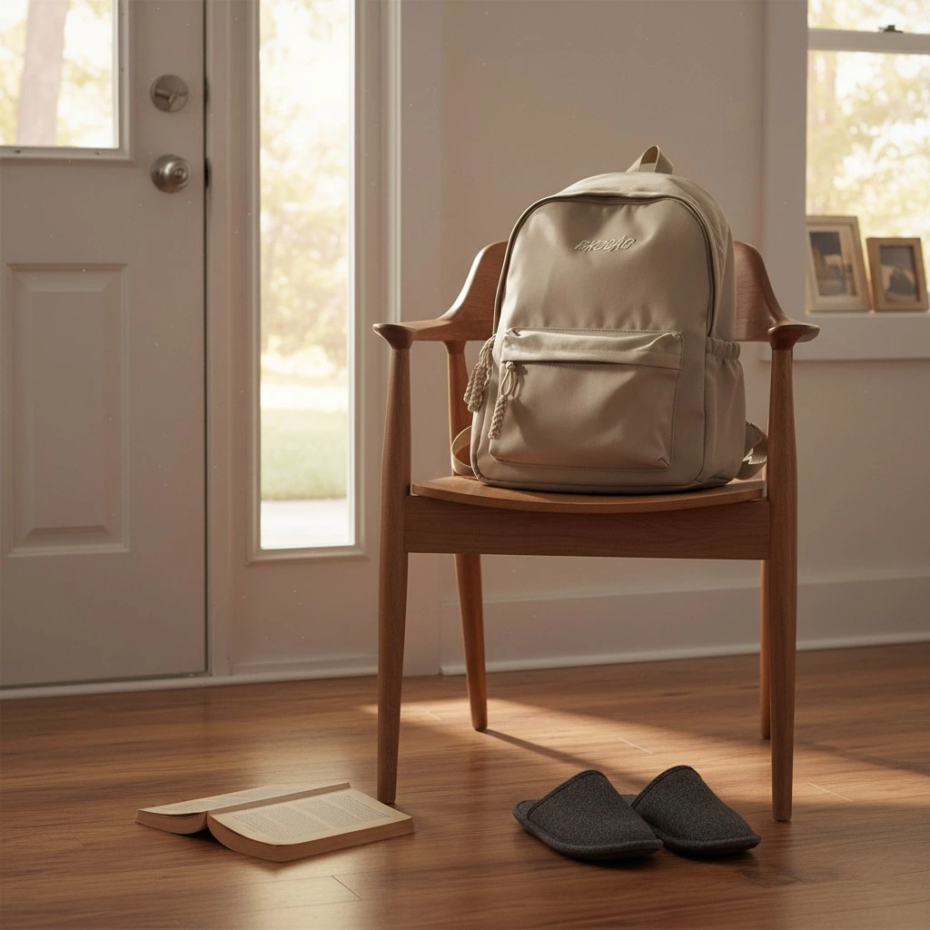 Minimalist light brown/beige RKO BAG backpack sitting on a mid-century modern wooden chair near a brightly lit doorway, with slippers and a book on the hardwood floor.