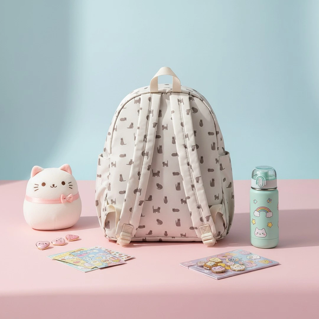 Back view of a white cat-print backpack showing adjustable shoulder straps and top carrying handle, styled with a plush cat toy and water bottle on a pink and blue background.