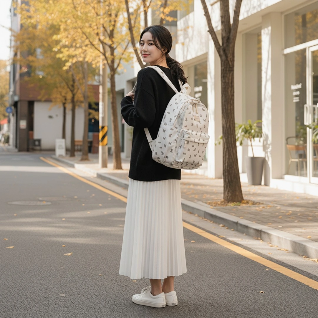 A woman wearing a black sweater and a long white pleated skirt with a white cat-print backpack, standing on an autumn city street sidewalk.