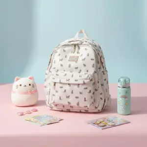 White or cream backpack with an all-over gray cat print pattern, styled with a plush cat toy and a mint green rainbow water bottle on a pink and blue pastel background.