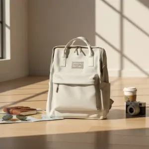 A light gray or beige square backpack with a front pocket, sitting on a wooden floor next to a map, sunglasses, a vintage camera, and two coffee cups, highlighting a travel theme.