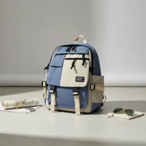 Color-blocked backpack in dusty blue and cream beige, featuring multiple buckle straps, zippered pockets, and utility side pockets, styled on a floor with a rolled map and sunglasses.