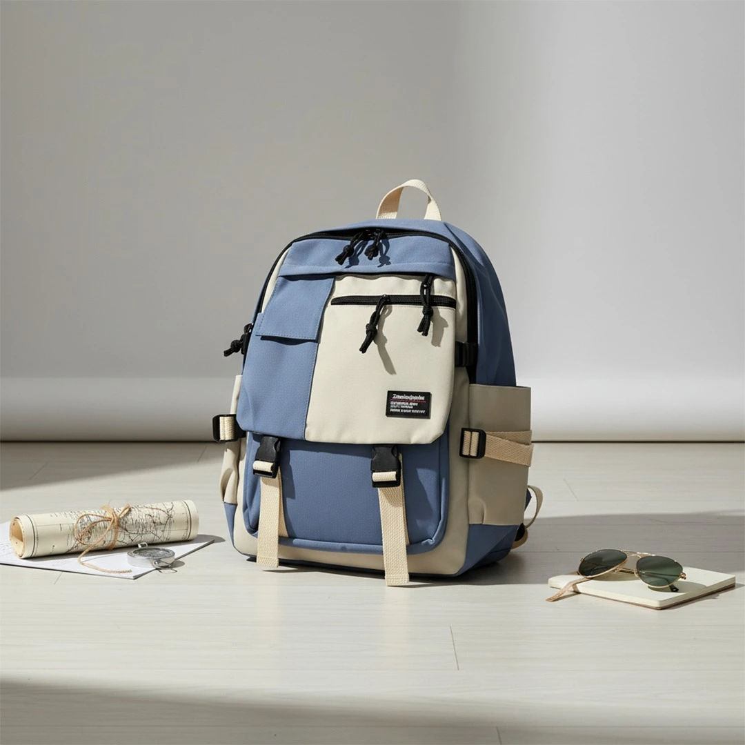Color-blocked backpack in dusty blue and cream beige, featuring multiple buckle straps, zippered pockets, and utility side pockets, styled on a floor with a rolled map and sunglasses.