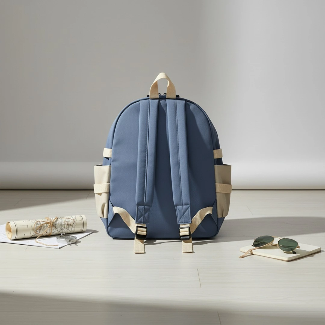 Back view of a dusty blue backpack with cream beige color-blocked side pockets, featuring adjustable shoulder straps, set on a floor with a rolled map, compass, and sunglasses.