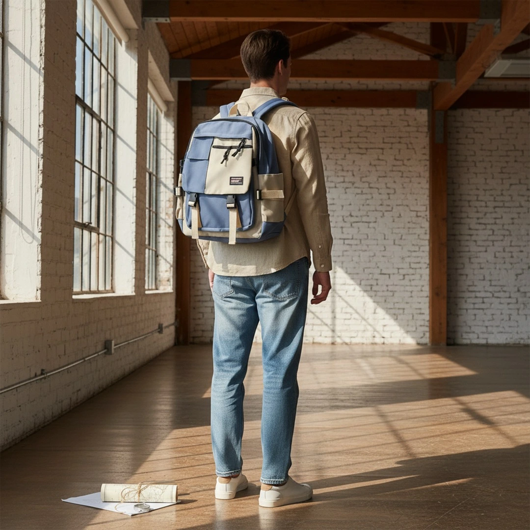 Back view of a man wearing a blue and beige color-block utility backpack over a linen shirt and jeans, standing in a sunny loft with a map on the floor.
