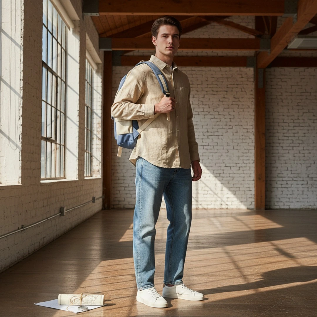 A man wearing a linen shirt and jeans, holding a blue and beige color-block backpack, standing in a sunny, rustic loft with exposed brick and large windows.