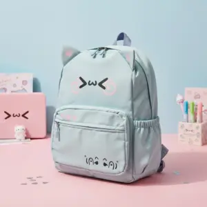 Light blue cat-themed backpack with pink "OwO" facial expression print, small cat ears, and a front pocket, styled on a pink and blue background with stationery.