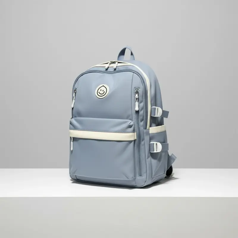Color-blocked backpack in dusty blue and cream beige, featuring multiple zippered compartments, front buckle straps, and utility side pockets, styled with a rolled map and sunglasses.