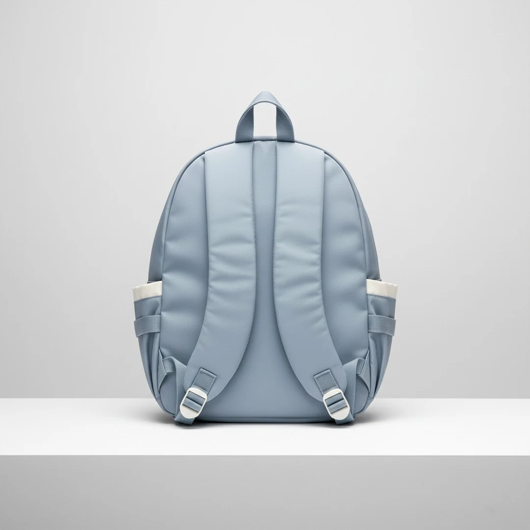 Back view of a dusty blue, rounded backpack showing thick padded shoulder straps, a top handle, and white-trimmed side pockets, on a gray background.