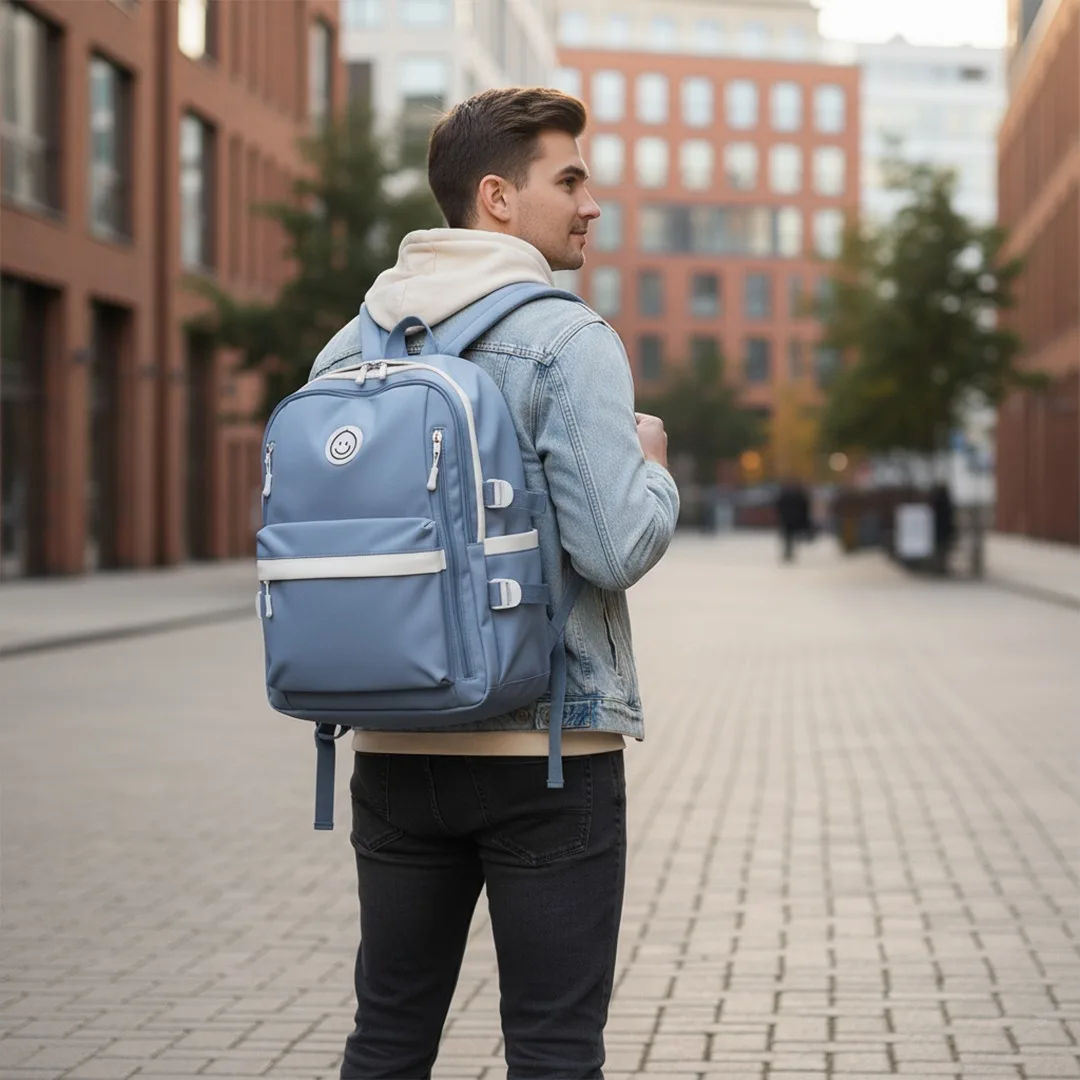 Young man wearing a denim jacket and a light blue backpack with a smiley face patch, walking on a city street in the autumn or early winter.