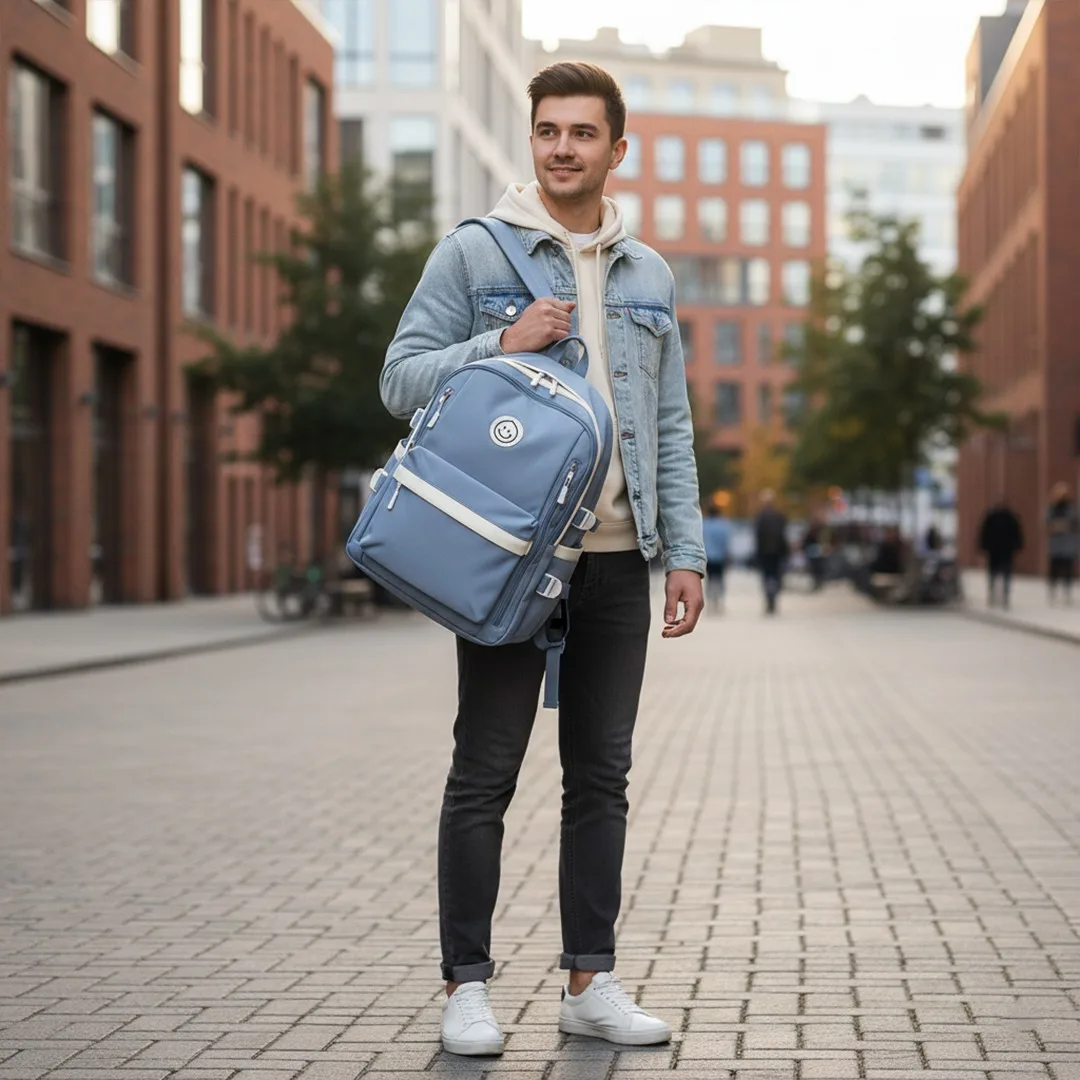 Dusty blue backpack with a round smiley face patch, white accents on the front pocket and side pockets, and multiple zippered compartments, displayed on a clean gray surface.