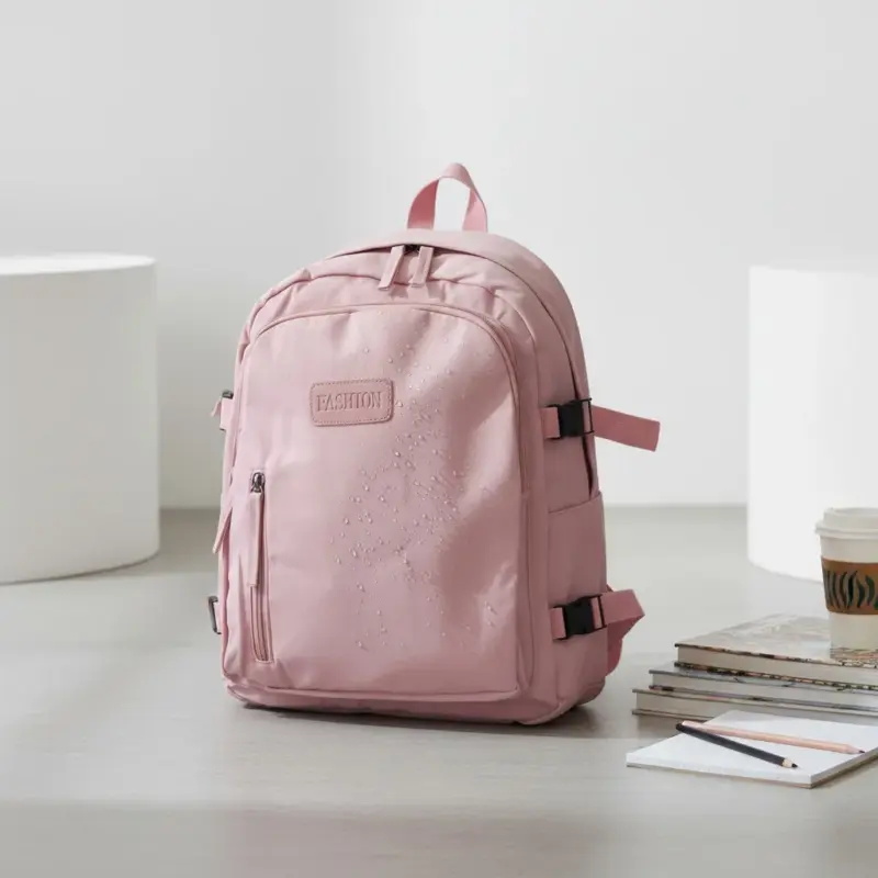 Pink water-resistant backpack with visible water droplets and a "FASHION" patch, sitting on a floor next to a stack of books and a coffee cup.