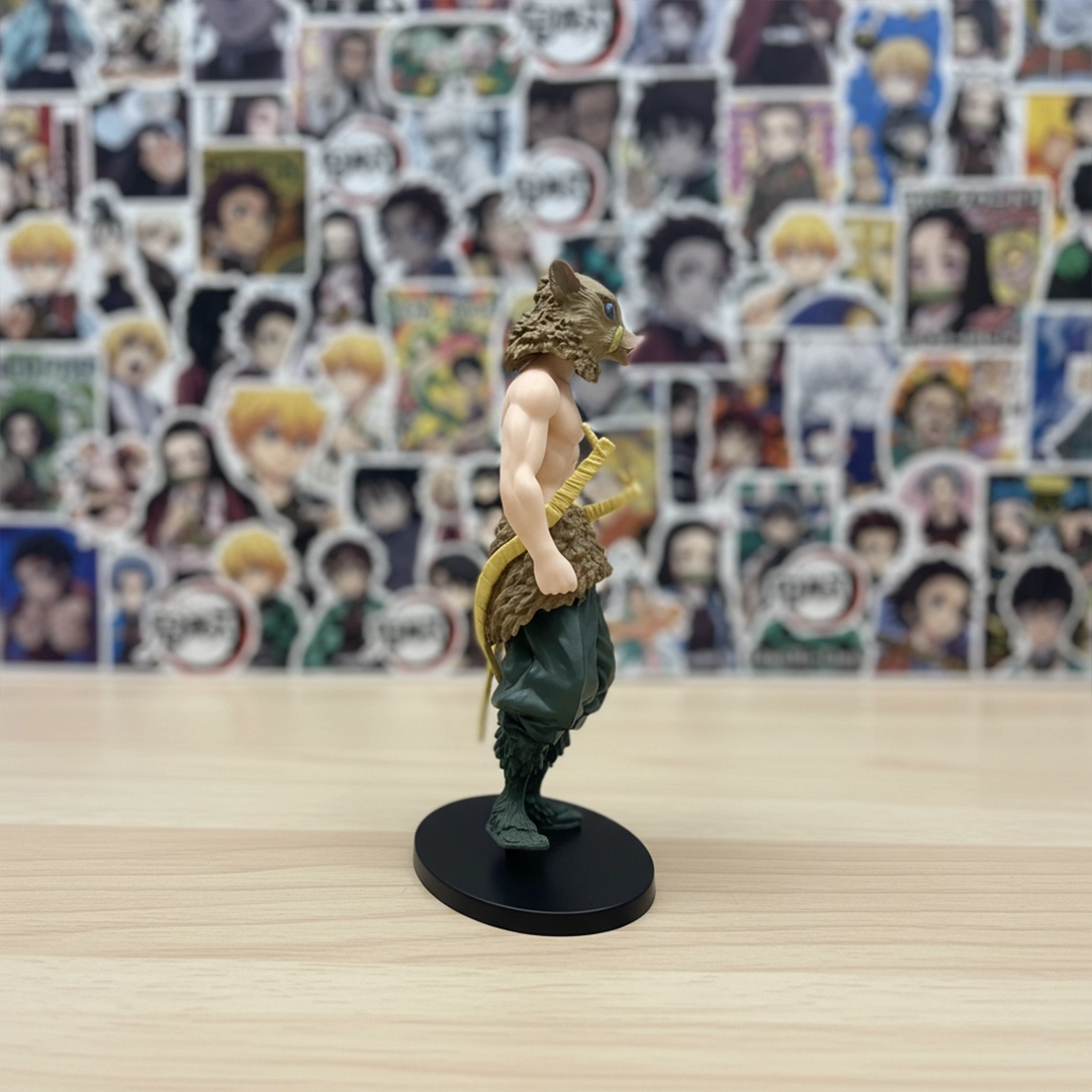 Profile view of the shirtless Inosuke Hashibira figure wearing a boar mask and holding a chipped sword.
